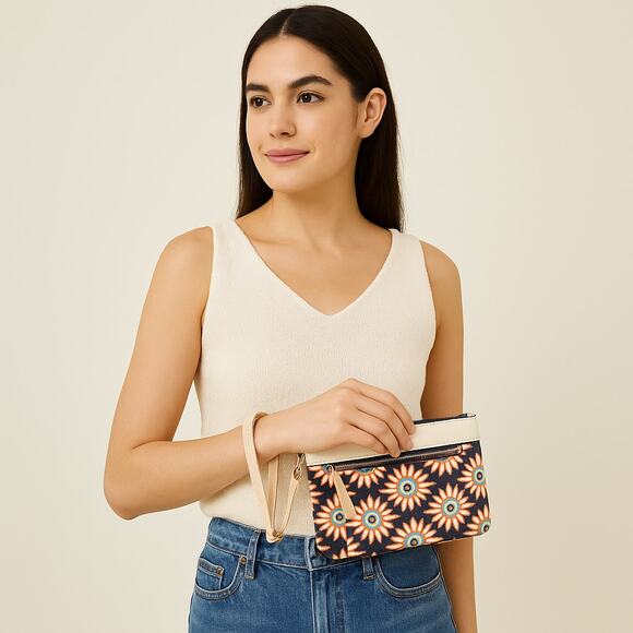 Spartina 449 Daufuskie Island Natural Linen & Genuine Leather Floral Wristlet - Picture 1 of 7
